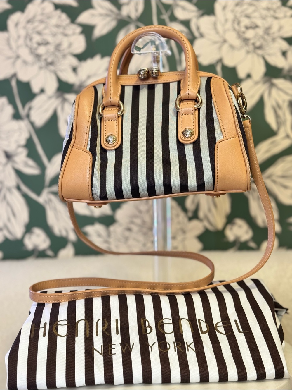 henri bendel Black & White Striped Satchel with Tan Trim with Dustbag!